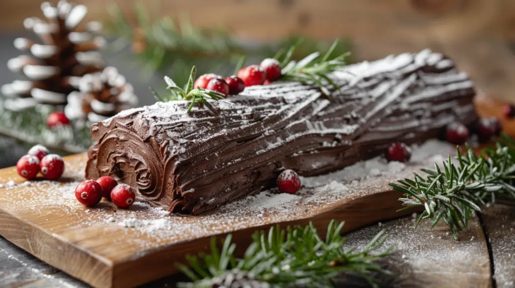 Yule log cake decorated with powdered sugar, rosemary and cranberries