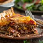 Deep hamburger beef sausage and pepperoni pie with golden crust and melted cheese