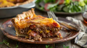 Deep hamburger beef sausage and pepperoni pie with golden crust and melted cheese