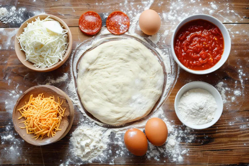 Flat lay of pizza dough, mozzarella, pepperoni, crushed Doritos, egg, and marinara sauce.