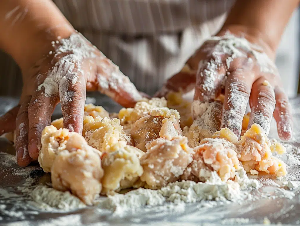 Double-coating chicken pieces in flour mixture for extra crispy popcorn chicken