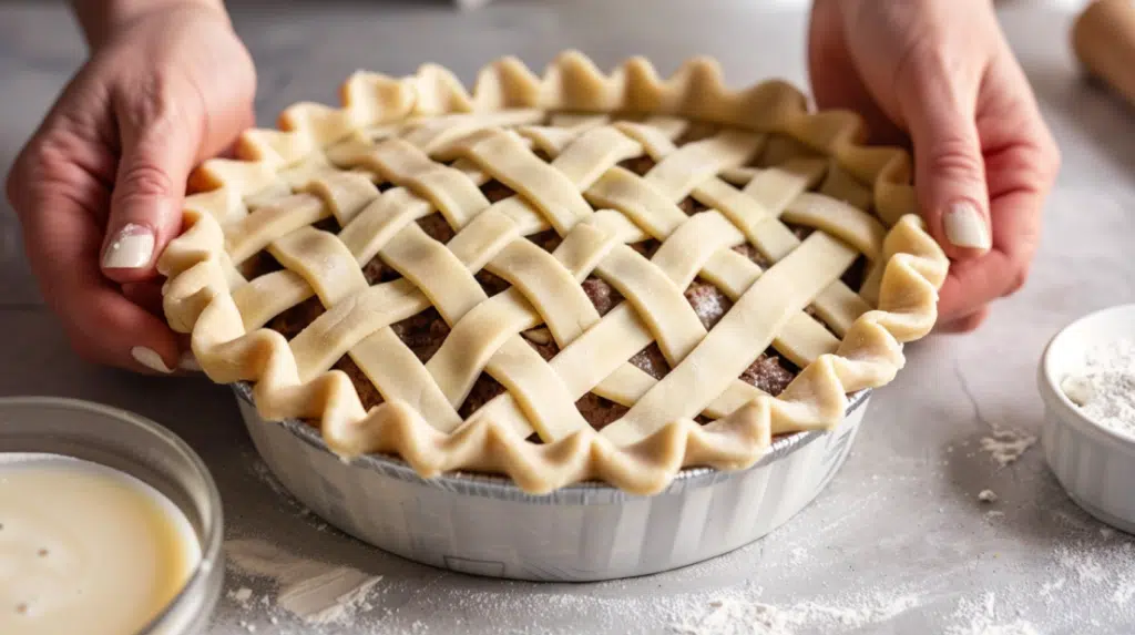 Second pie crust layer covering meat filling creating double-crust pie