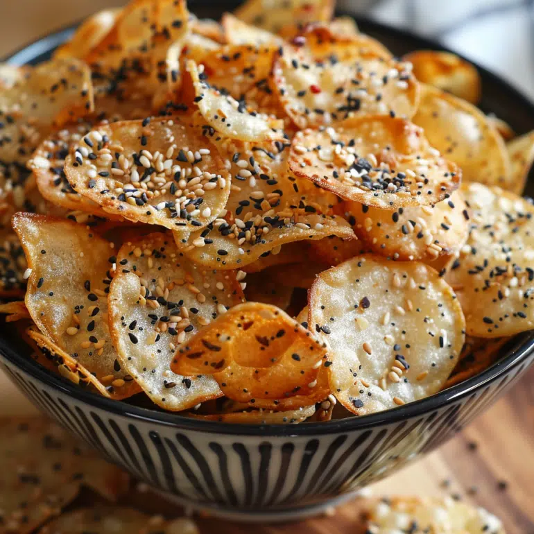 Everything bagel seasoned rice paper chips with visible seasoning