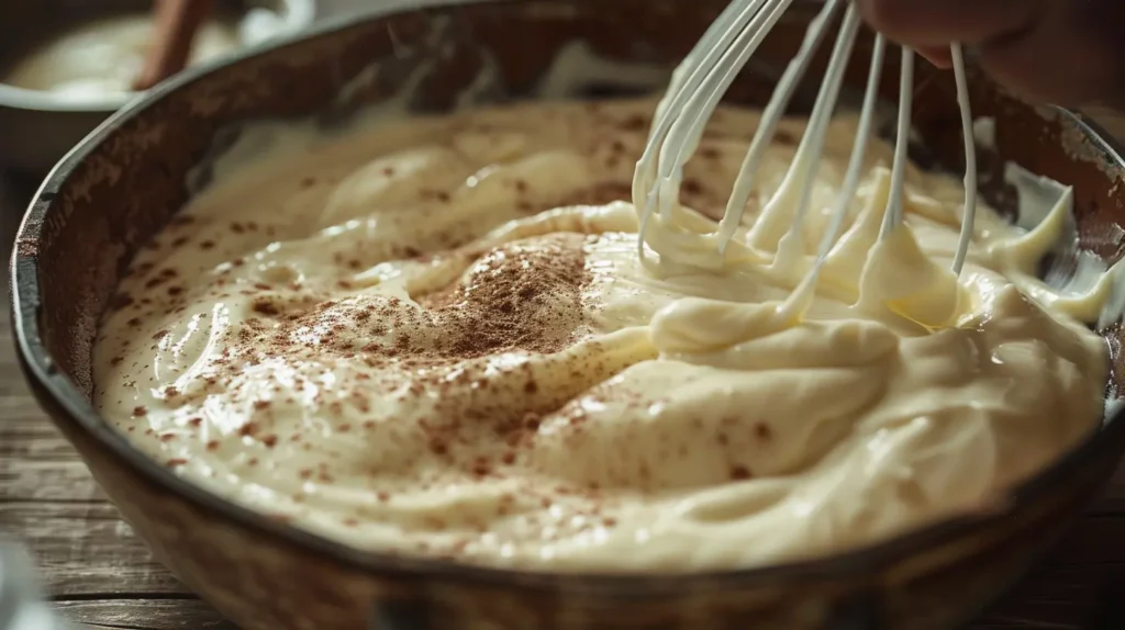 Whisking Greek yogurt and eggs together for high-protein French toast custard mixture