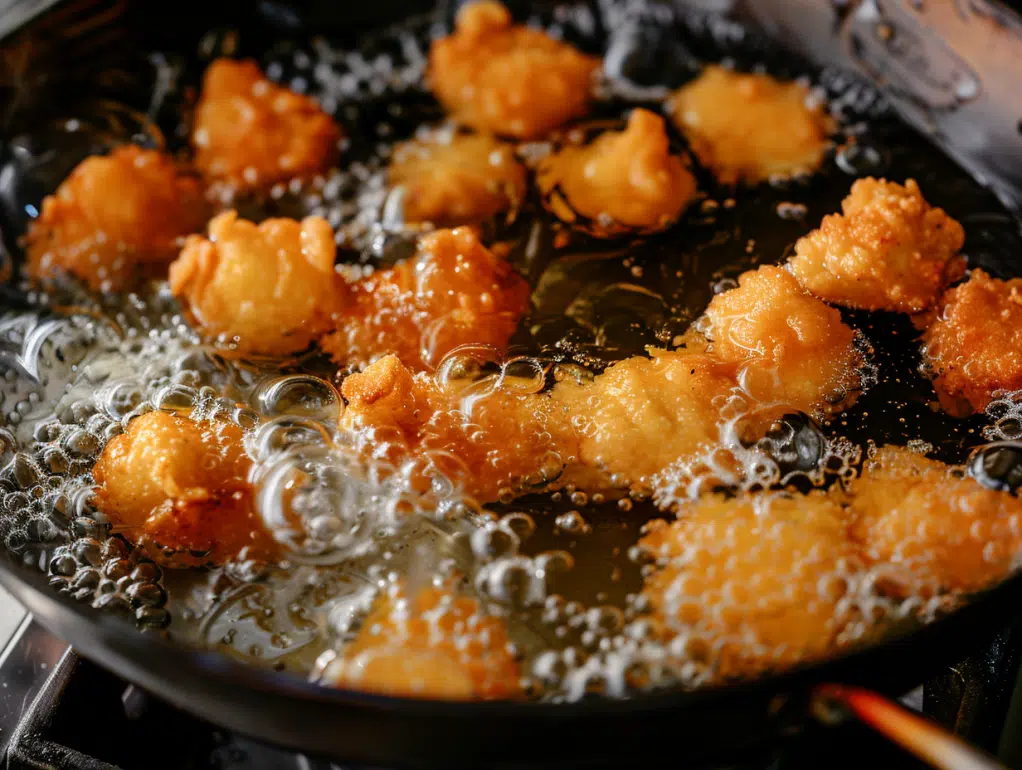 Popcorn chicken frying in hot oil developing golden-brown crispy coating