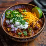 Fully loaded beef chili bowl with all the toppings including cheese and sour cream