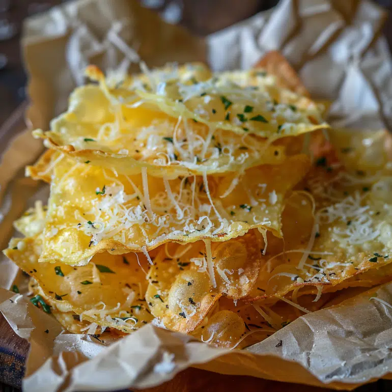 Garlic parmesan rice paper chips with melted cheese coating