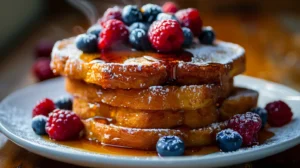 Golden brown high-protein French toast stack topped with fresh berries and maple syrup