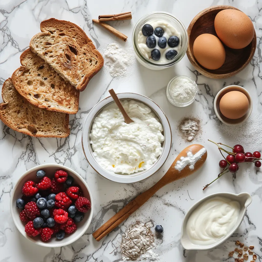 All ingredients for high-protein French toast including eggs, Greek yogurt, protein powder, and thick bread
