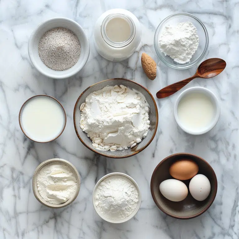 Ingredients for high-protein waffles including protein powder, Greek yogurt and whole wheat flour