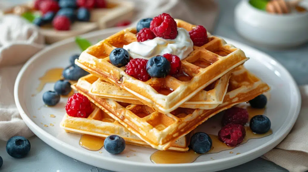 Stack of golden high-protein waffles with berries, Greek yogurt and honey