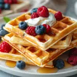 Stack of golden high-protein waffles with berries, Greek yogurt and honey