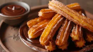 Homemade churros with golden crispy exterior and cinnamon sugar coating with chocolate sauce