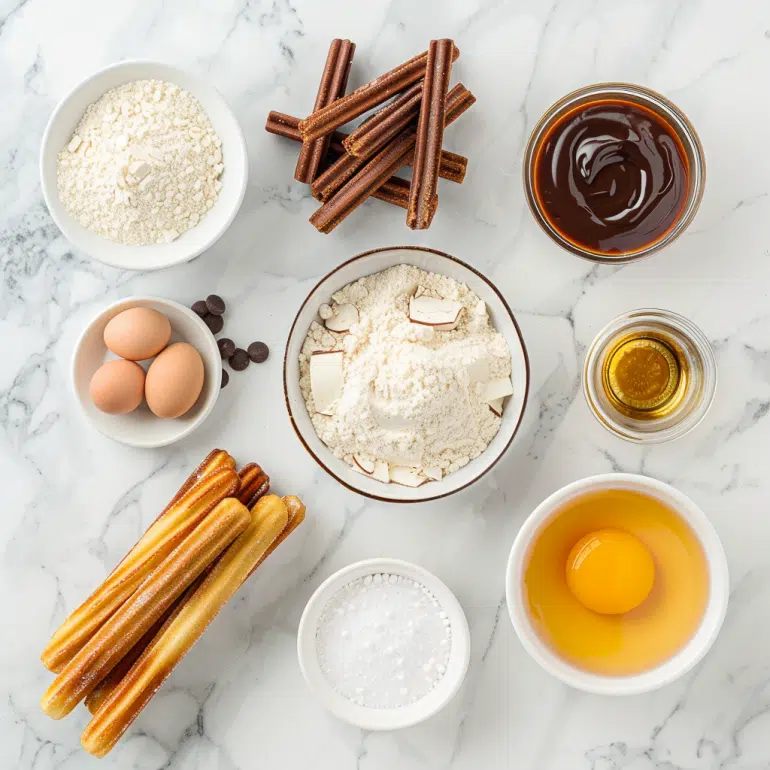 Ingredients for homemade churros including flour, butter, eggs, sugar and cinnamon