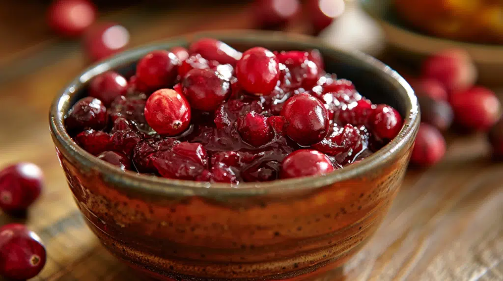 Homemade cranberry sauce with glossy jewel-like texture in ceramic bowl