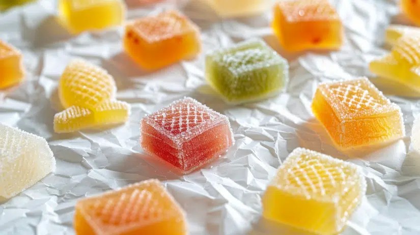 Homemade Swedish candy gummies in colorful fish shapes made with real fruit juice