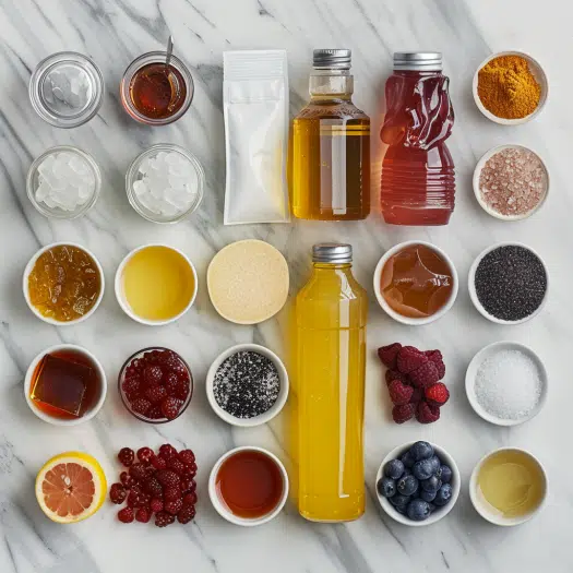 Simple ingredients for homemade Swedish candy including fruit juice, gelatin and honey