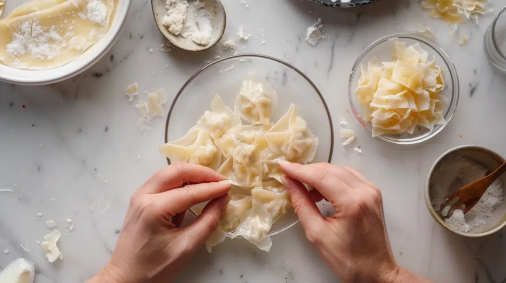 Step-by-step demonstration of folding wonton wrappers into traditional crab rangoon shape