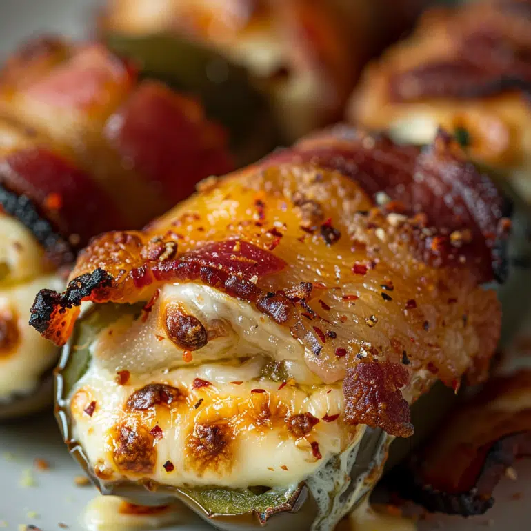 Close-up of jalapeño popper cut open showing oozing cream cheese filling and crispy bacon