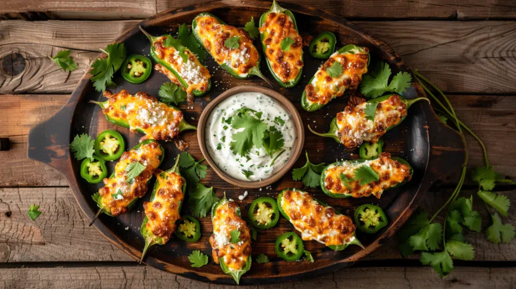 Jalapeño poppers platter with ranch and blue cheese dipping sauces for party appetizer