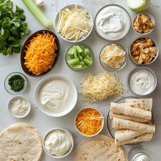 Ingredients for Jennifer Garner's mom's chicken enchiladas including tortillas, cheese and soup