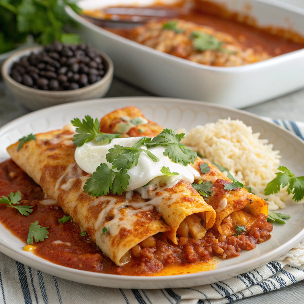 Jennifer Garner's Mom's Chicken Enchiladas Recipe topped with melted cheese, sour cream, and fresh cilantro, served with rice and beans.