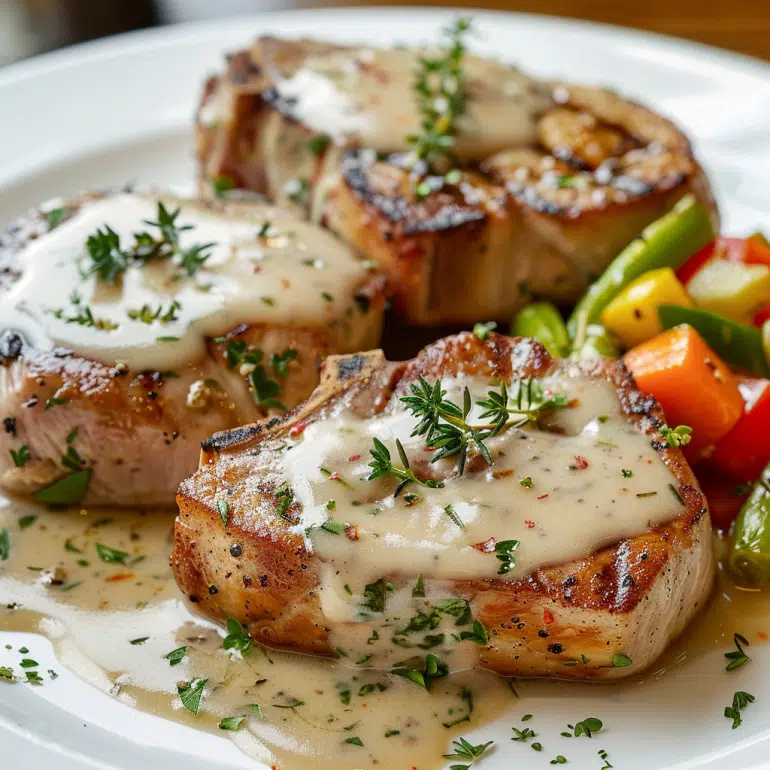 Plated juicy pork chops with creamy pan sauce and fresh herb garnish