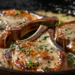 Juicy bone-in pork chops with golden crust and creamy pan sauce in cast iron skillet