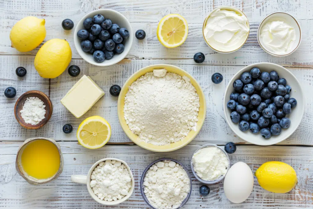 Flat lay of lemon blueberry cake ingredients including flour, sugar, lemons, blueberries, and cream cheese.