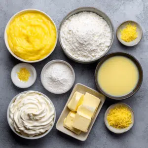 Overhead image of lemon dump cake ingredients neatly arranged on a countertop — ideal for readers preparing this simple, comforting dessert.