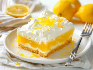 Slice of lemon dump cake topped with Cool Whip and lemon zest on a white plate.
