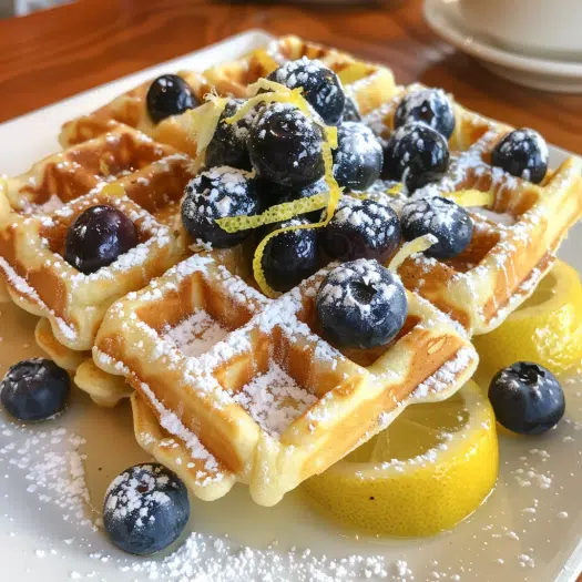 Lemon ricotta protein waffles with fresh blueberries and powdered sugar