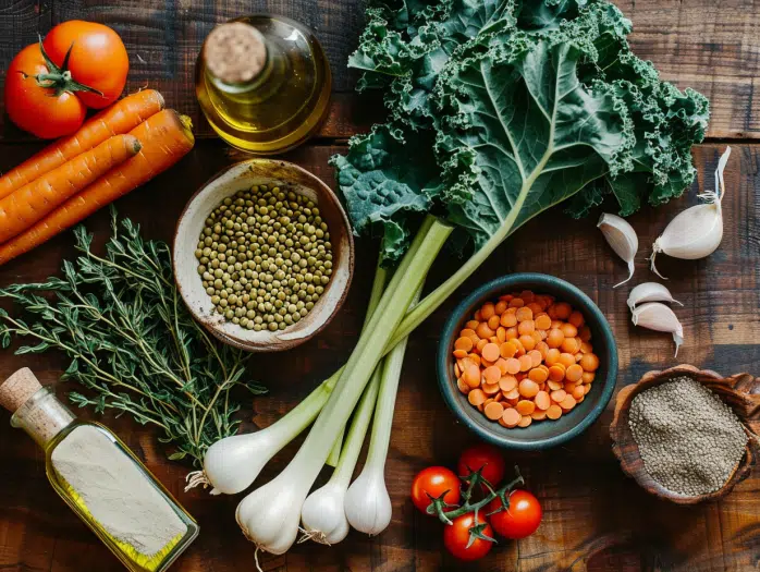 Flat lay of fresh lentil soup ingredients arranged on a rustic table