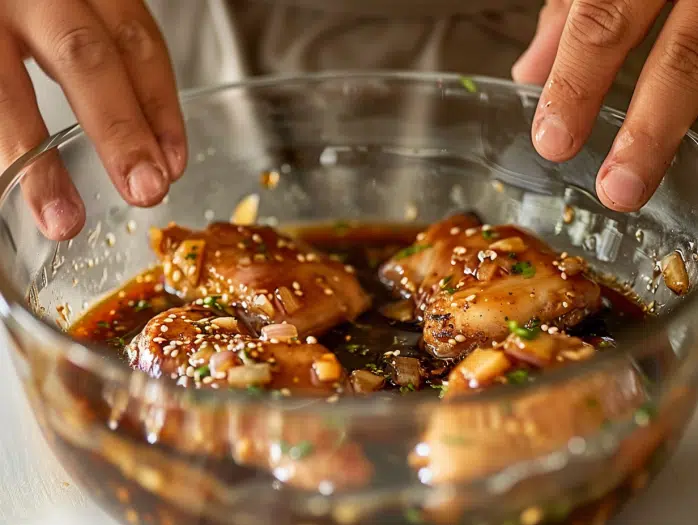 Chicken thighs soaking in teriyaki marinade in a glass bowl