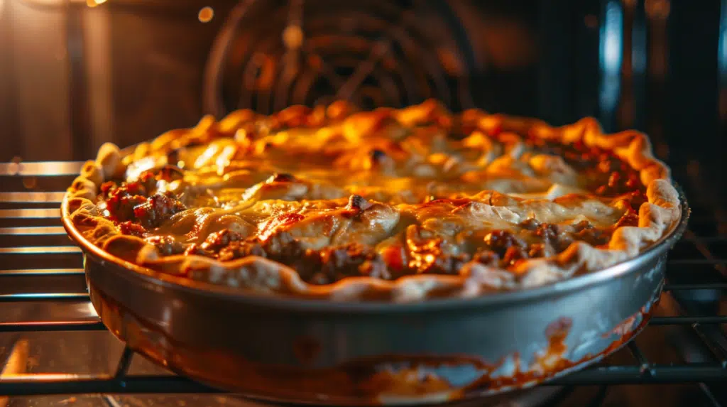 Meat pie baking in oven with cheese bubbling and crust browning at 375 degrees