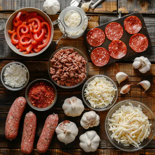 All ingredients for deep hamburger beef sausage and pepperoni pie including meats, cheese, and seasonings