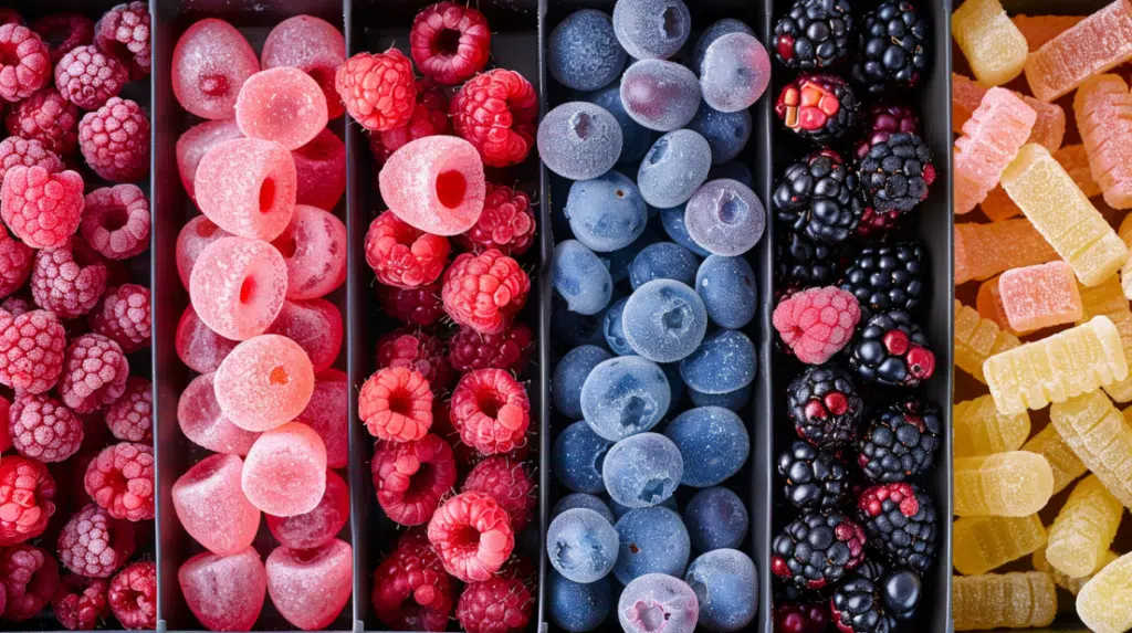Assorted berry-flavored Swedish candy in multiple colors showing flavor variety