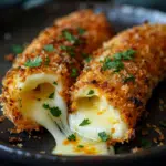 Cross-section of baked mozzarella stick showing melted cheese interior and crispy coating