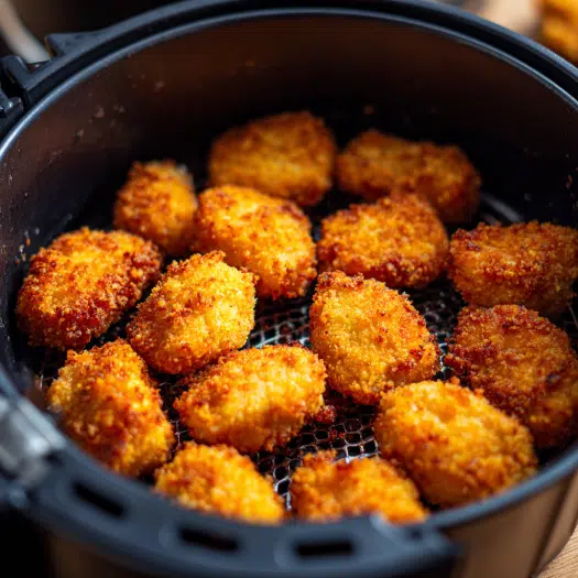 Chicken pieces crisping inside air fryer basket.