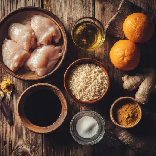 Ingredients for orange chicken arranged on rustic wooden counter.