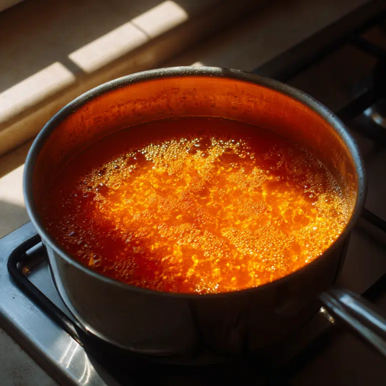 Bubbling orange glaze simmering in saucepan.