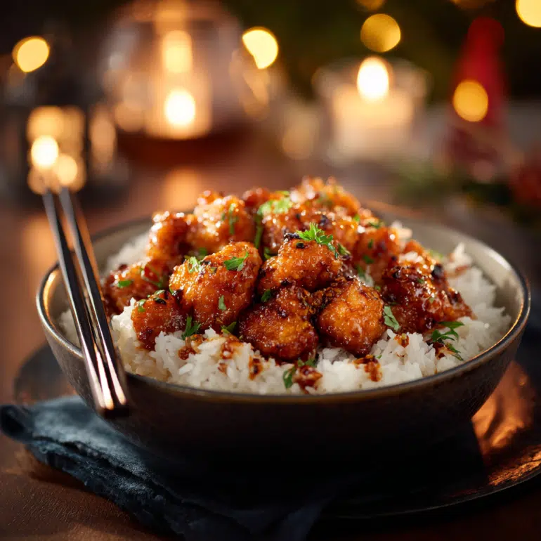 Bowl of orange chicken over rice with sauce drizzle and chopsticks.