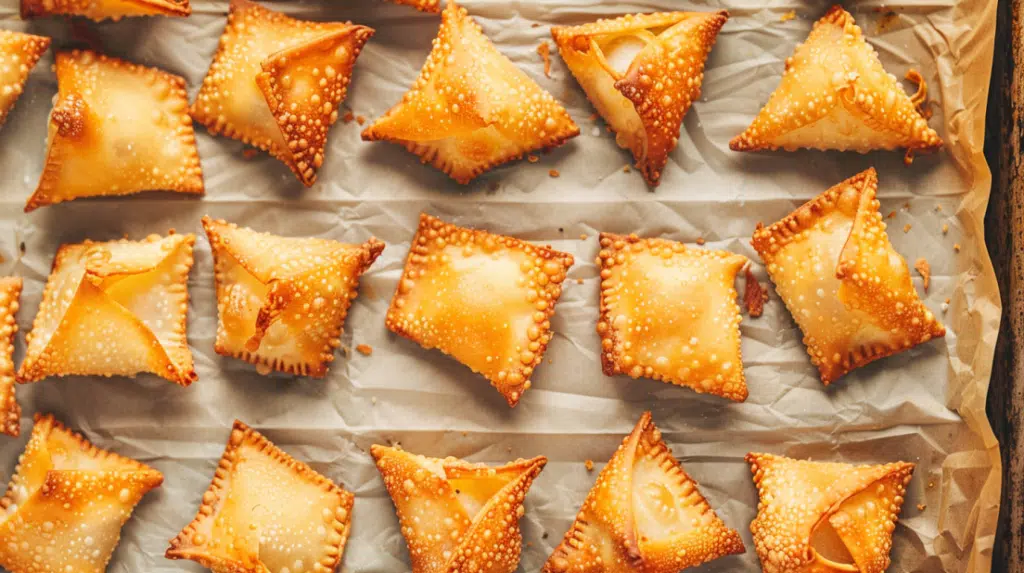 Oven-baked crab rangoons on baking sheet with golden crispy edges at 425 degrees