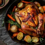Golden-brown oven roasted whole chicken with crispy skin and roasted vegetables