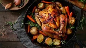Golden-brown oven roasted whole chicken with crispy skin and roasted vegetables
