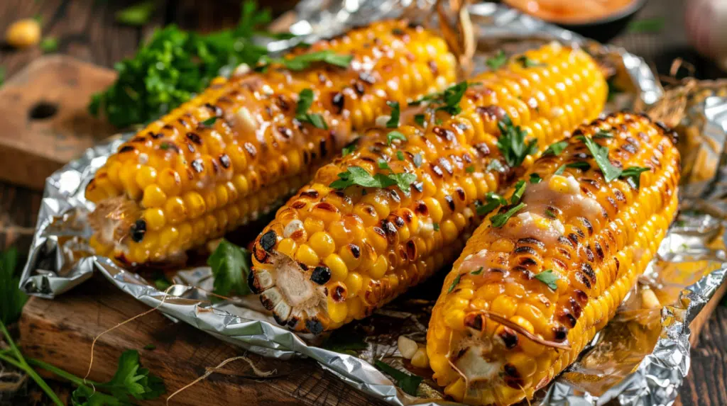 Oven roasted corn on the cob with garlic butter and caramelized kernels fresh from foil