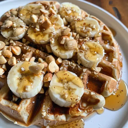 Peanut butter banana protein waffles with peanuts and honey