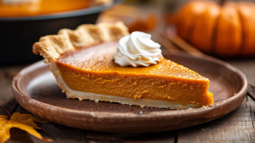 Perfect crack-free pumpkin pie with smooth golden surface and whipped cream topping