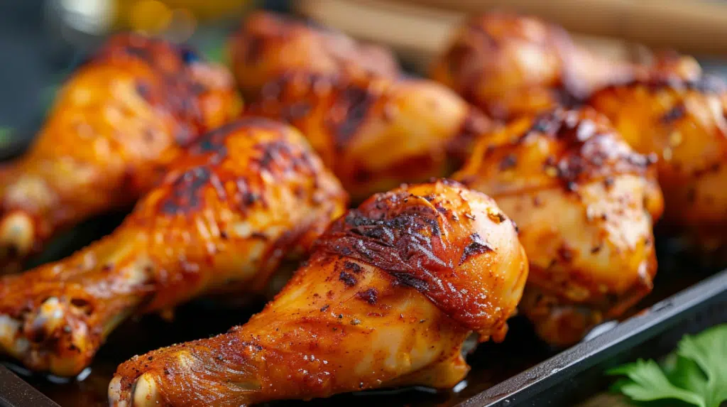 Perfectly golden-brown crisped chicken drumsticks fresh from oven