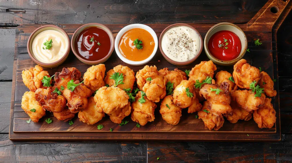 Popcorn chicken platter with variety of dipping sauces including honey mustard and spicy mayo